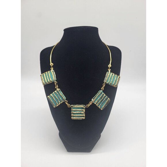 no brand Jewelry - Unique Art Deco Collar Statement Necklace Gold Tone Turquoise Painted Panels VTG